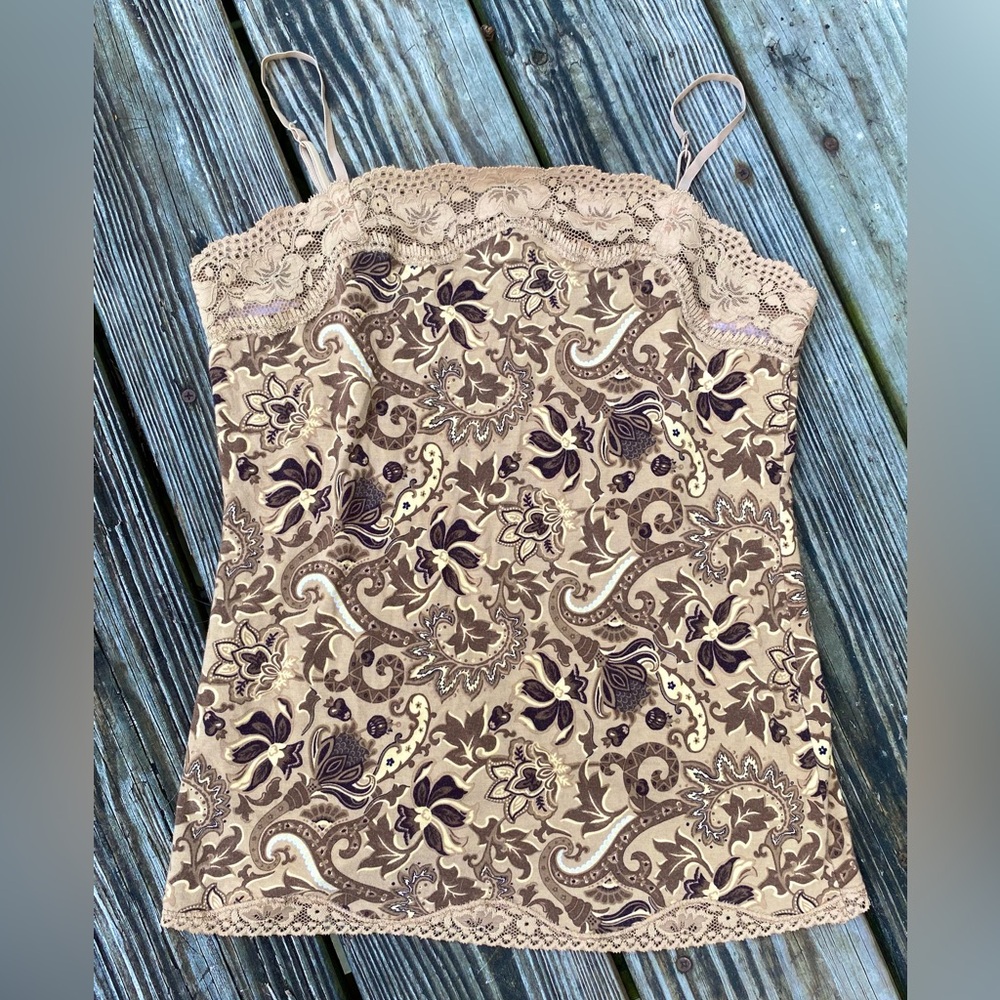 Y2K Tan/Brown Floral Fall Lace Cami Top